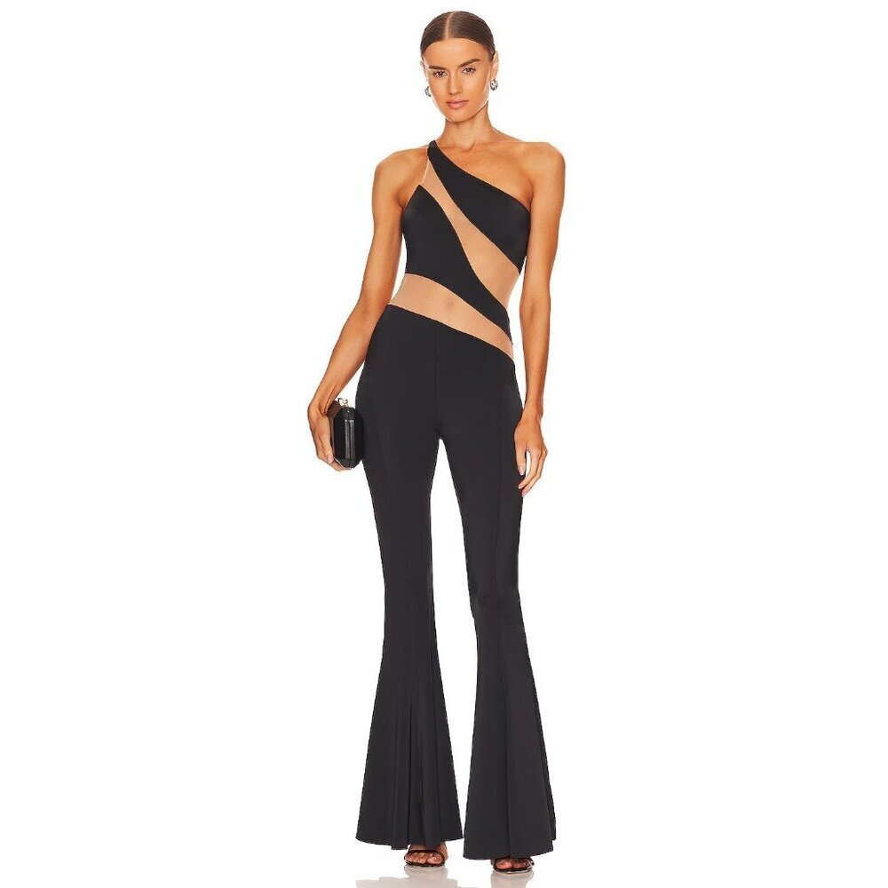 Norma Kamali Snake Mesh Fishtail Jumpsuit Black & Nude Mesh Womens Size Large 40